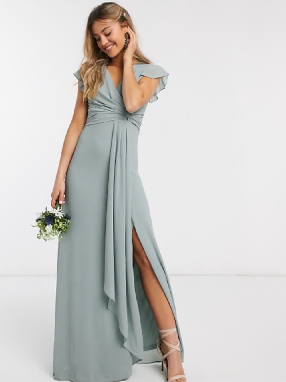 TFNC bridesmaid flutter sleeve ruffle maxi dress sage Sz 16 Maternity Plus Size